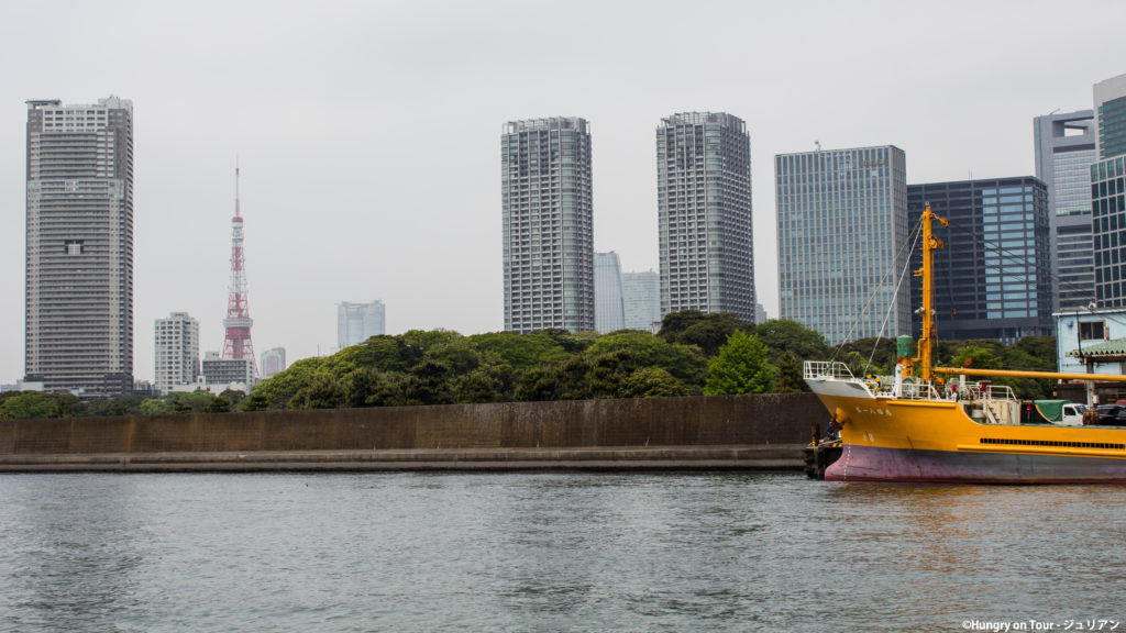 Hamrikyu Gardens and Tokyo Tower with skyline